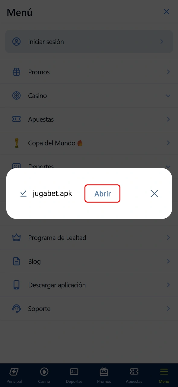 Abrí el archivo APK de la aplicación Jugabet para iniciar la instalación.