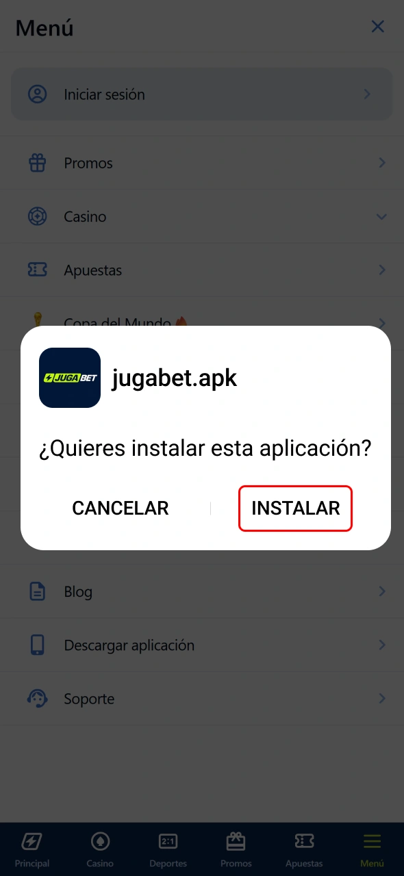 Completá la instalación de la app de Jugabet y preparate para jugar.