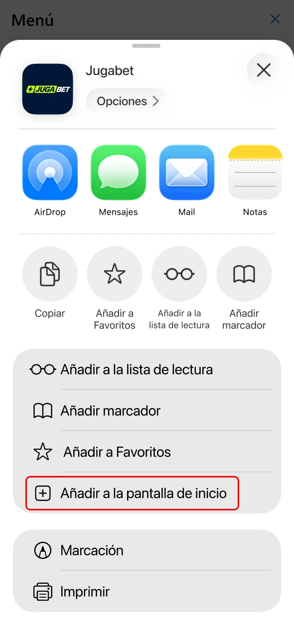 Agregá la app de Jugabet a la pantalla de inicio fácilmente.