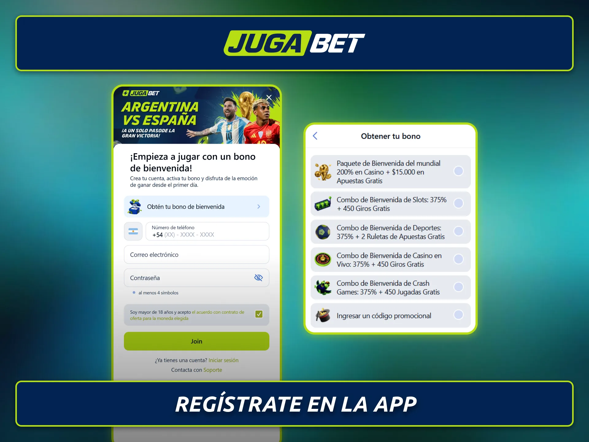Registrate en una cuenta nueva utilizando la aplicación Jugabet.