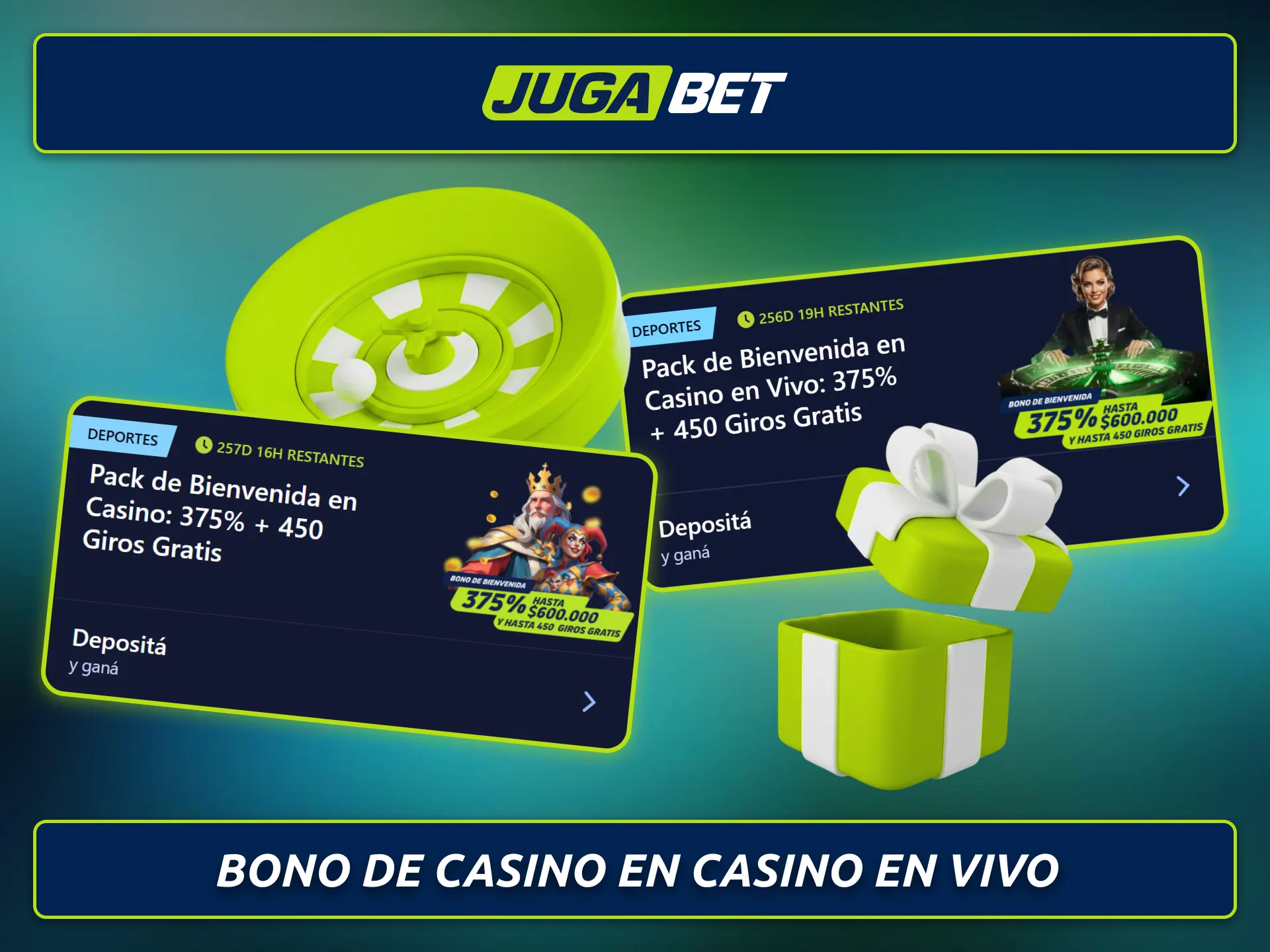Explorá el bono de bienvenida para el casino en vivo de Jugabet.