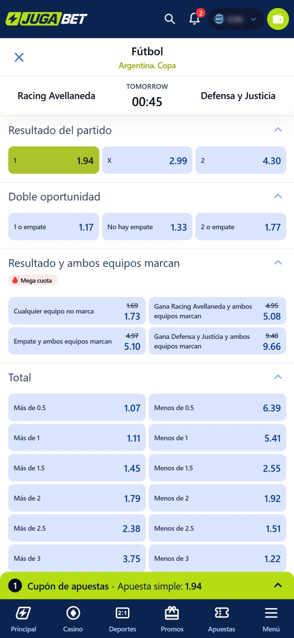 Configurá el importe de tu apuesta antes de confirmar en Jugabet.