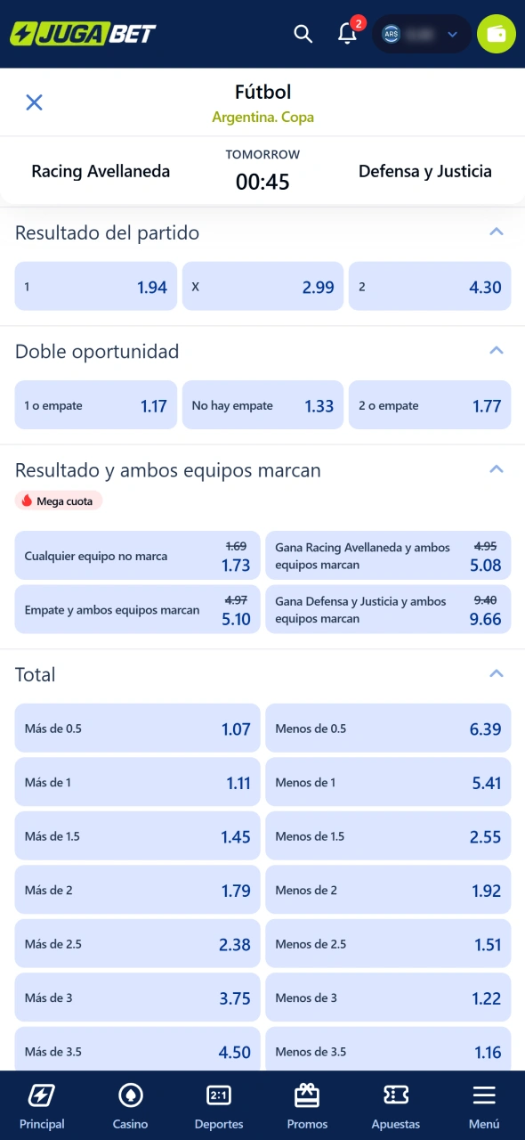 Elegí el mercado de apuestas que prefieras en Jugabet.