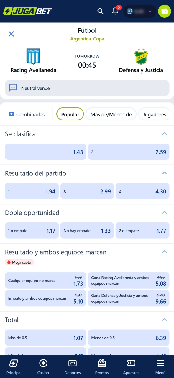 Seleccioná el deporte y el evento disponibles en Jugabet.