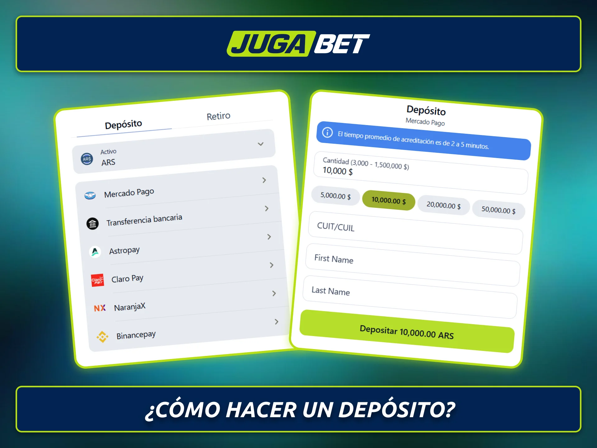 Realizá un depósito seguro en Jugabet utilizando tu método preferido.