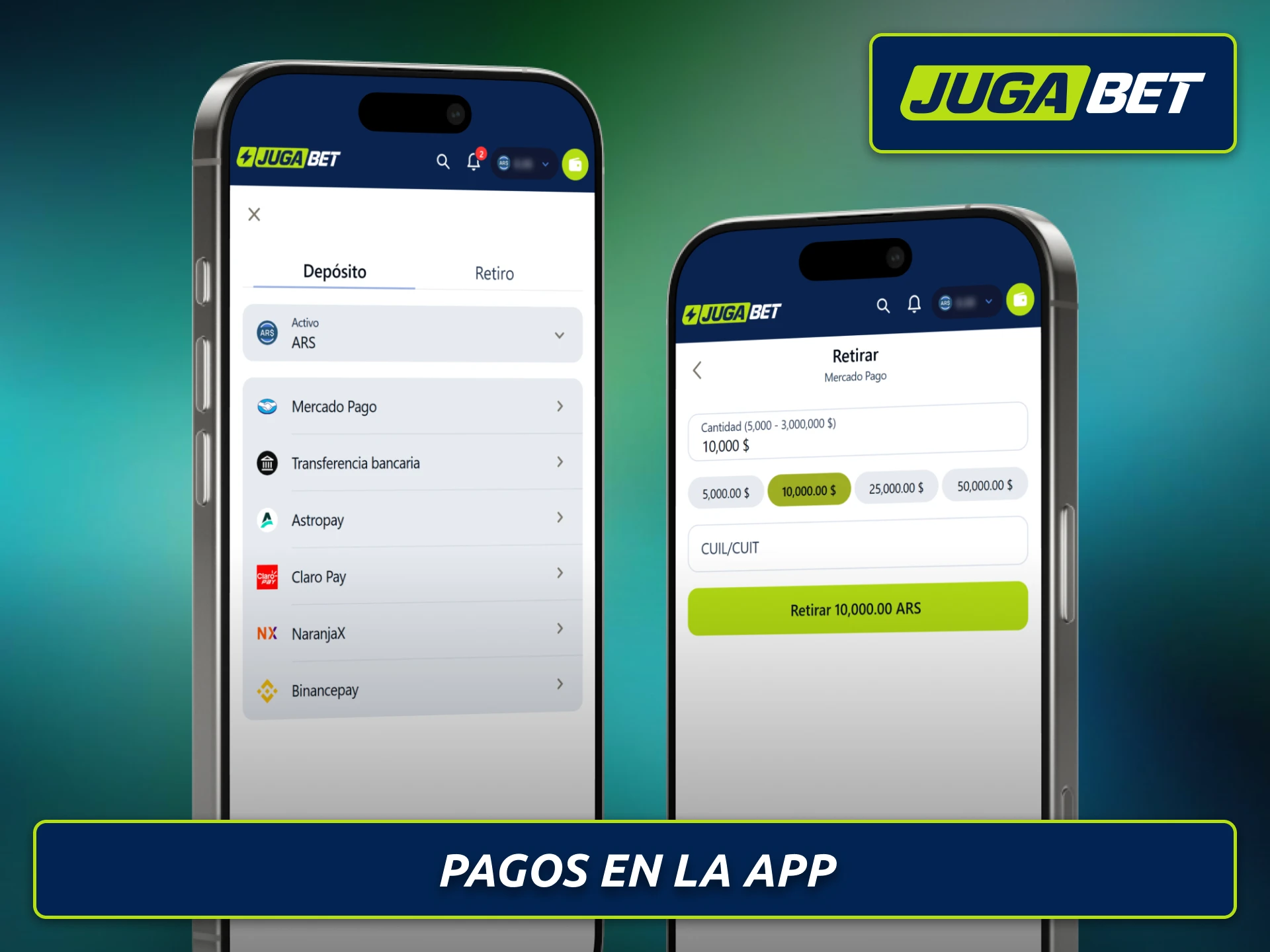 Depositá y retirá fondos desde la aplicación móvil de Jugabet fácilmente.