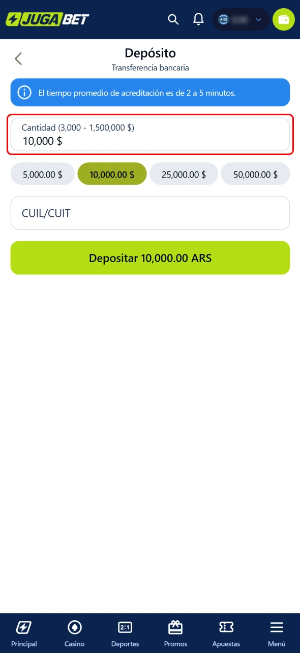 Ingresá el monto del depósito en Jugabet antes de confirmar.