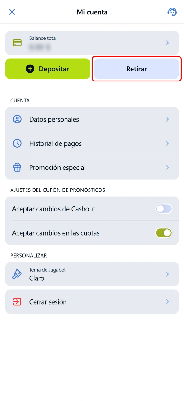 Accedé a la sección de caja de Jugabet para retirar fondos.