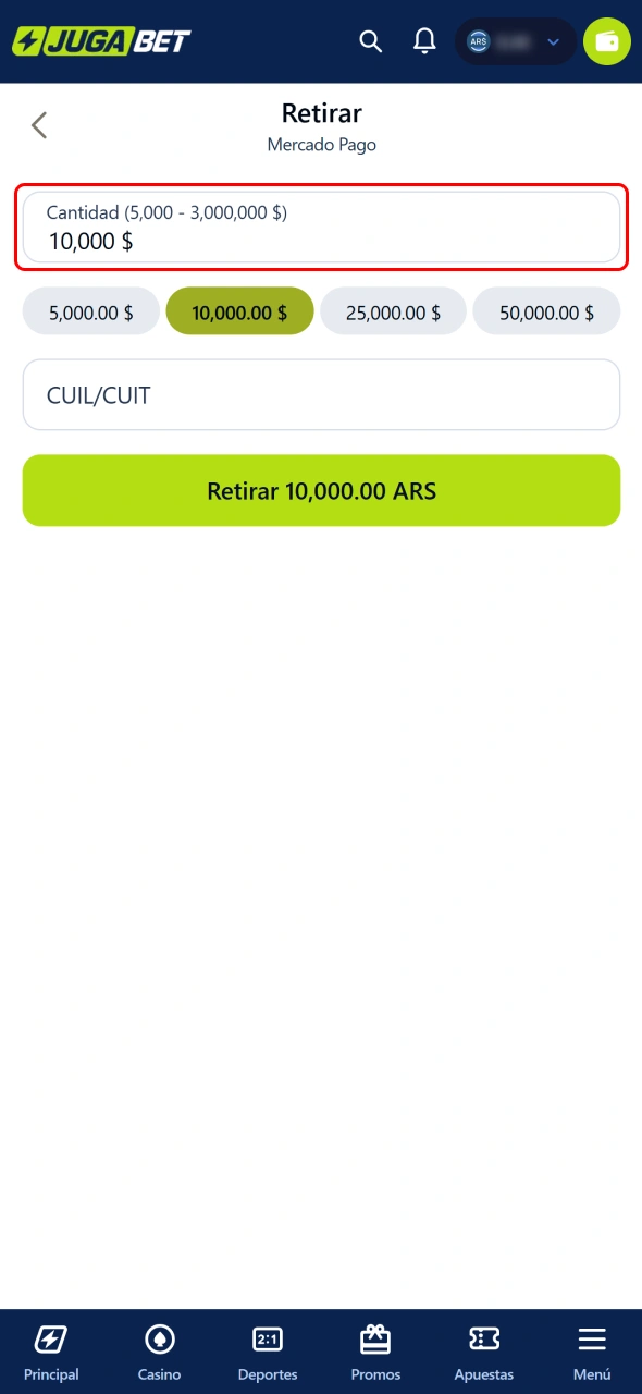 Ingresá el monto que deseás retirar desde tu cuenta de Jugabet.