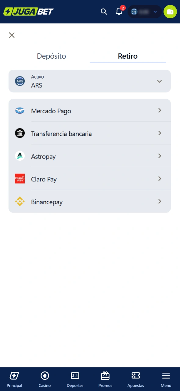 Seleccioná el método de retiro disponible en Jugabet.