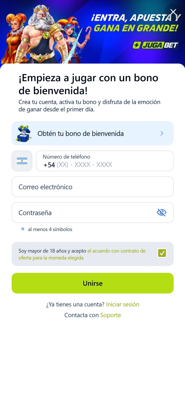 Creá tu cuenta en Jugabet para acceder a promociones exclusivas.