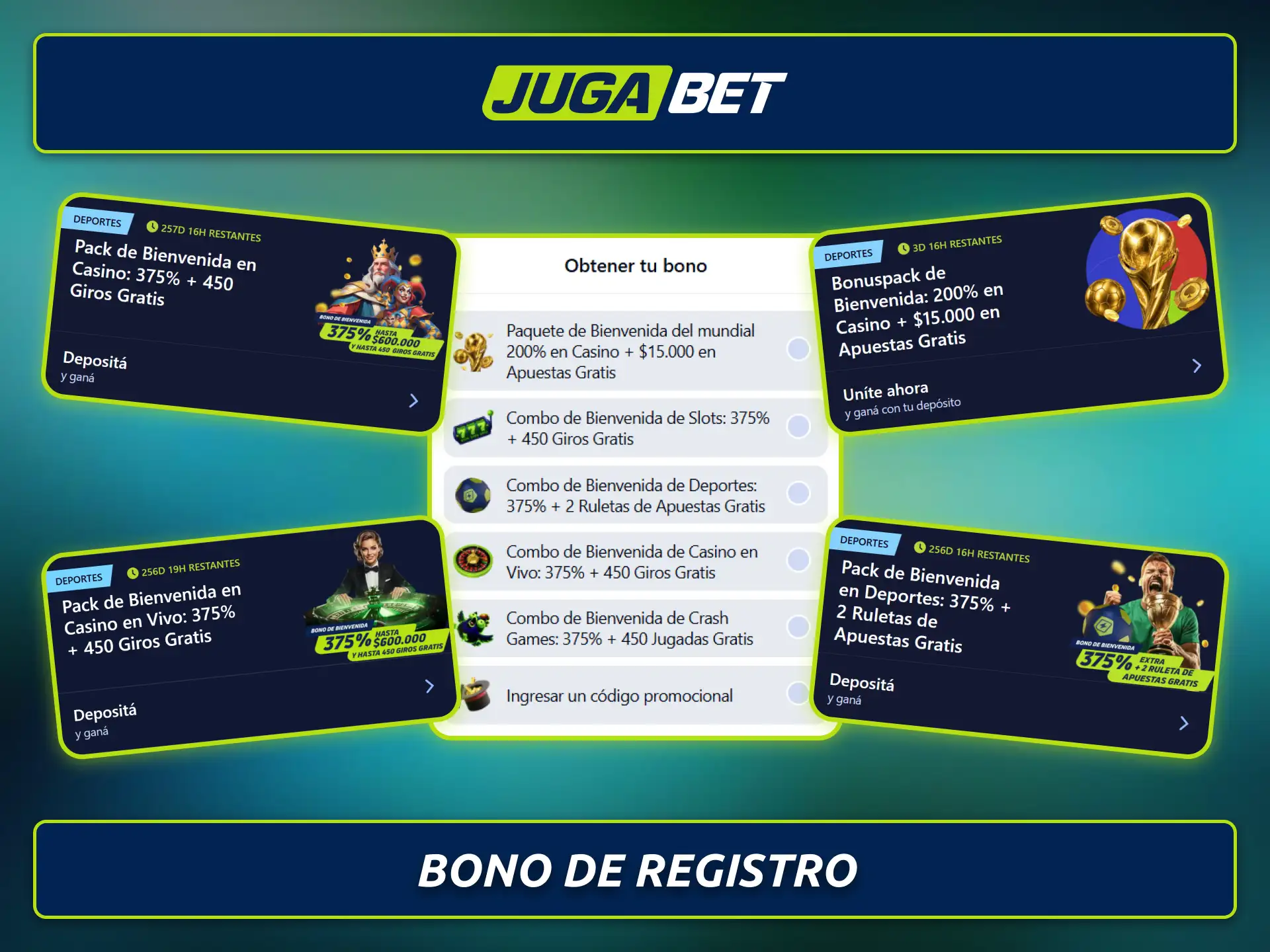 Explorá el bono de registro disponible para nuevos jugadores de Jugabet Argentina.