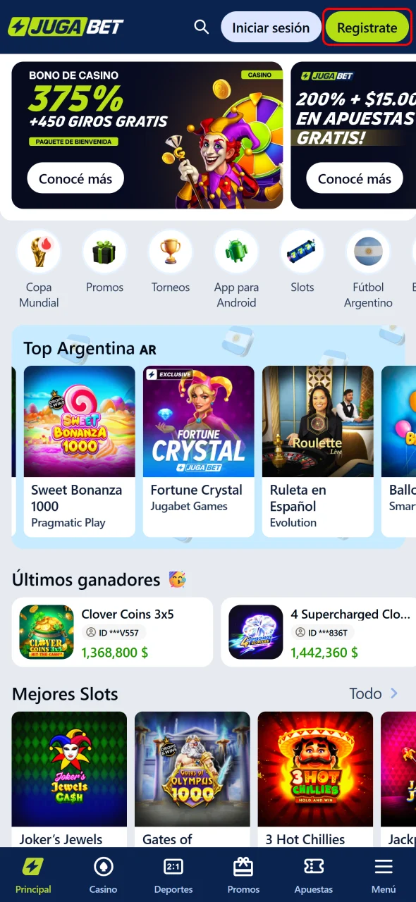 Hacé clic en el botón Registrarse para crear tu cuenta en Jugabet.